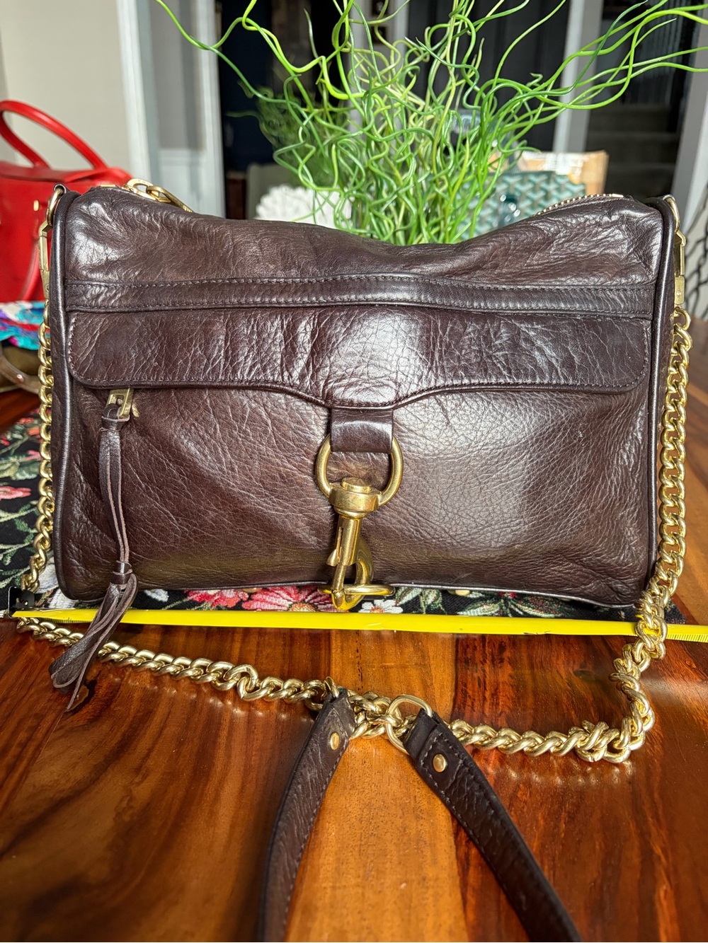 Rebecca Minkoff Dark Brown Leather Crossbody with Gold Chain 🇺🇸